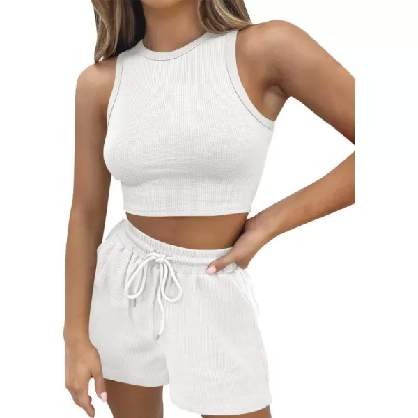 imageZESICA Womens Waffle Knit Sleeveless Crop Top and Shorts Pullover Nightwear Lounge Pajama Set with PocketsCropwhite