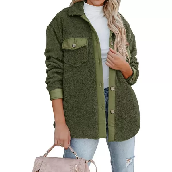 imageZESICA Womens Winter Casual Sherpa Fleece Jacket Long Sleeve Button Solid Warm Fuzzy Outwear Coat PocketsArmygreen