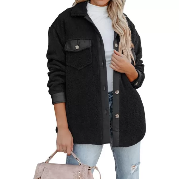 imageZESICA Womens Winter Casual Sherpa Fleece Jacket Long Sleeve Button Solid Warm Fuzzy Outwear Coat PocketsBlack