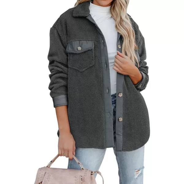 imageZESICA Womens Winter Casual Sherpa Fleece Jacket Long Sleeve Button Solid Warm Fuzzy Outwear Coat PocketsDarkgrey