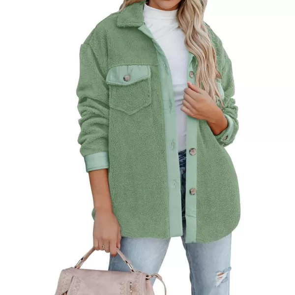 imageZESICA Womens Winter Casual Sherpa Fleece Jacket Long Sleeve Button Solid Warm Fuzzy Outwear Coat PocketsGreen