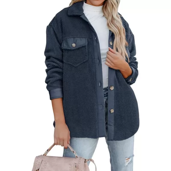 imageZESICA Womens Winter Casual Sherpa Fleece Jacket Long Sleeve Button Solid Warm Fuzzy Outwear Coat PocketsNavyblue
