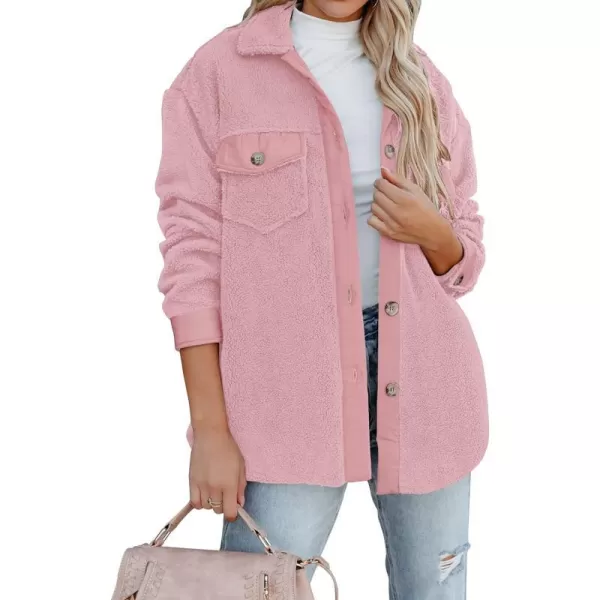 imageZESICA Womens Winter Casual Sherpa Fleece Jacket Long Sleeve Button Solid Warm Fuzzy Outwear Coat PocketsPink