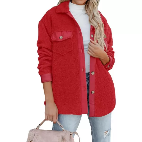 imageZESICA Womens Winter Casual Sherpa Fleece Jacket Long Sleeve Button Solid Warm Fuzzy Outwear Coat PocketsRed