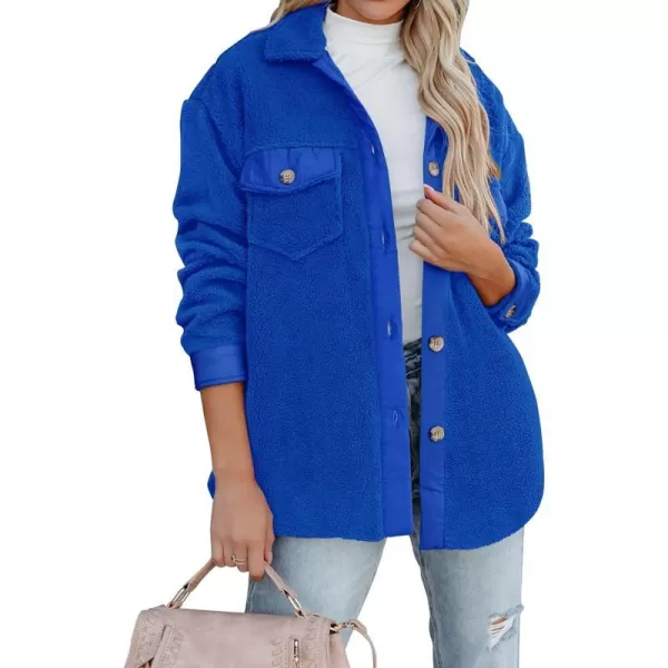 imageZESICA Womens Winter Casual Sherpa Fleece Jacket Long Sleeve Button Solid Warm Fuzzy Outwear Coat PocketsRoyalblue