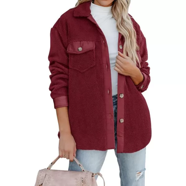imageZESICA Womens Winter Casual Sherpa Fleece Jacket Long Sleeve Button Solid Warm Fuzzy Outwear Coat PocketsWine