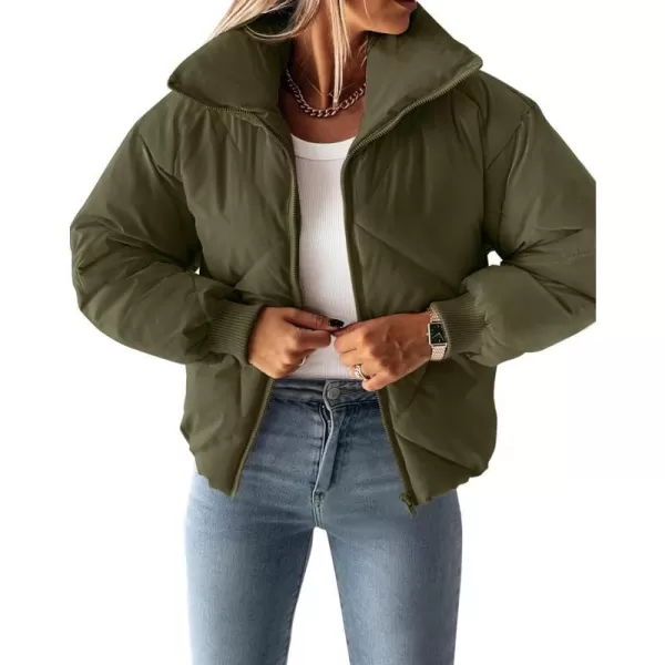 imageZESICA Womens Winter Cropped Puffer Jacket Long Sleeve Zip Up Quilted Short Down Coat with PocketsArmygreen