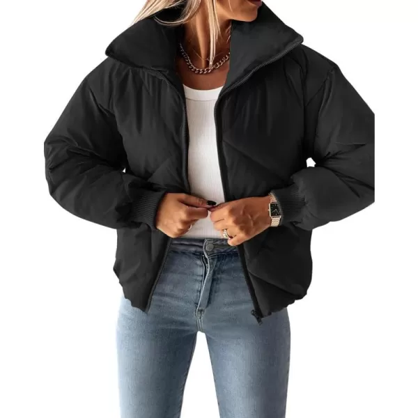 imageZESICA Womens Winter Cropped Puffer Jacket Long Sleeve Zip Up Quilted Short Down Coat with PocketsBlack