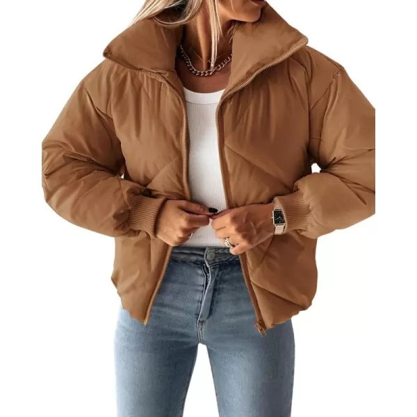 imageZESICA Womens Winter Cropped Puffer Jacket Long Sleeve Zip Up Quilted Short Down Coat with PocketsBrown