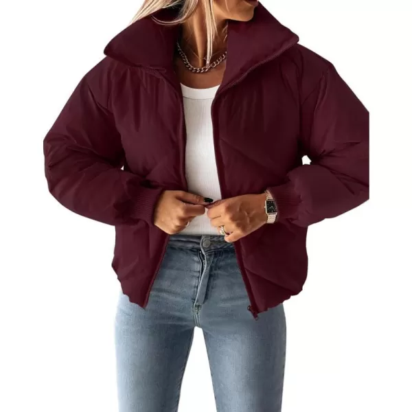 imageZESICA Womens Winter Cropped Puffer Jacket Long Sleeve Zip Up Quilted Short Down Coat with PocketsDarkred