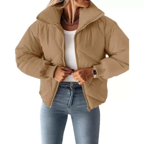 imageZESICA Womens Winter Cropped Puffer Jacket Long Sleeve Zip Up Quilted Short Down Coat with PocketsKhaki