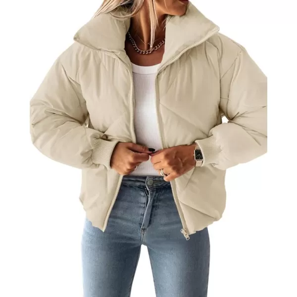 imageZESICA Womens Winter Cropped Puffer Jacket Long Sleeve Zip Up Quilted Short Down Coat with PocketsLightkhaki