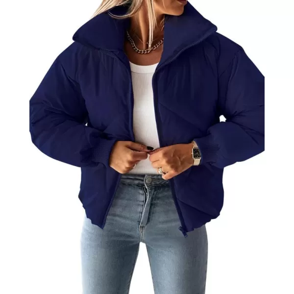 imageZESICA Womens Winter Cropped Puffer Jacket Long Sleeve Zip Up Quilted Short Down Coat with PocketsNavy