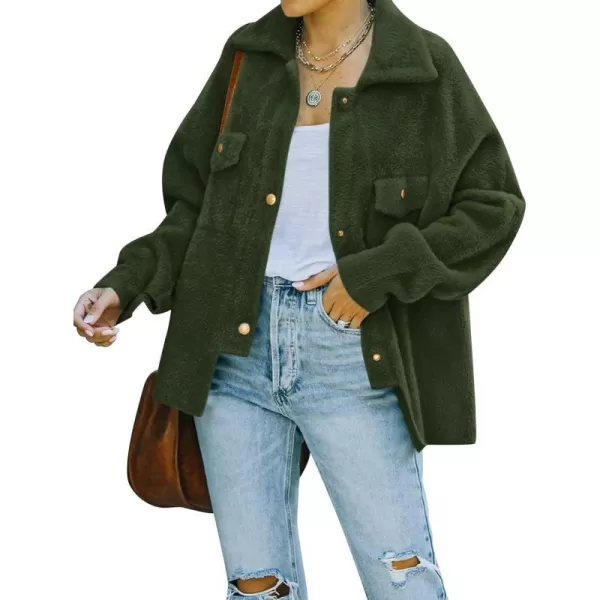 imageZESICA Womens Winter Fuzzy Fleece Jackets Warm Long Sleeve Button Shacket Coat Outwear with PocketsArmygreen