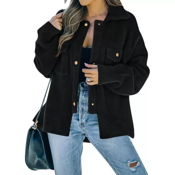 imageZESICA Womens Winter Fuzzy Fleece Jackets Warm Long Sleeve Button Shacket Coat Outwear with PocketsBlack