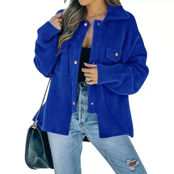 imageZESICA Womens Winter Fuzzy Fleece Jackets Warm Long Sleeve Button Shacket Coat Outwear with PocketsBrightblue