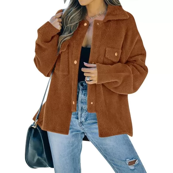 imageZESICA Womens Winter Fuzzy Fleece Jackets Warm Long Sleeve Button Shacket Coat Outwear with PocketsBrown
