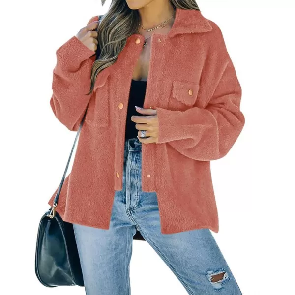imageZESICA Womens Winter Fuzzy Fleece Jackets Warm Long Sleeve Button Shacket Coat Outwear with PocketsCoral