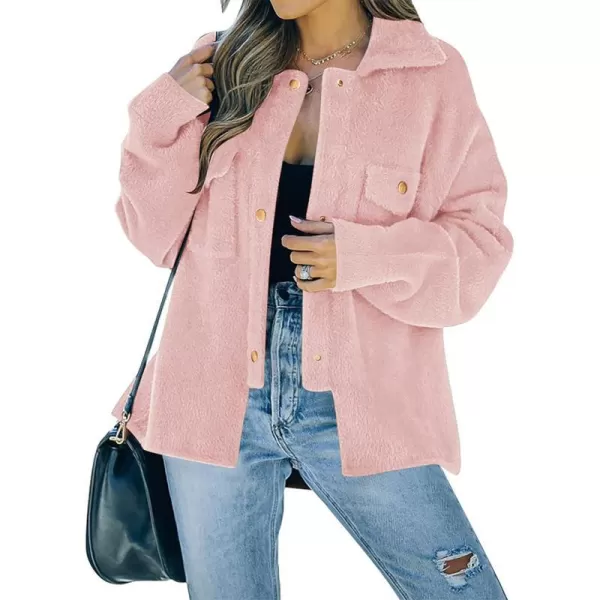 imageZESICA Womens Winter Fuzzy Fleece Jackets Warm Long Sleeve Button Shacket Coat Outwear with PocketsLightpink
