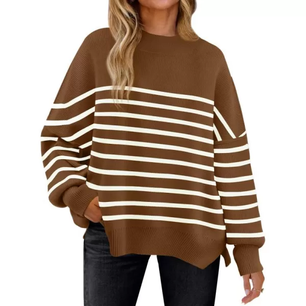imageZESICA Womens Winter Oversized Sweaters Long Sleeve Color Block Mock Neck Side Slit Comfy Loose Knitted Pullover TopsBrown