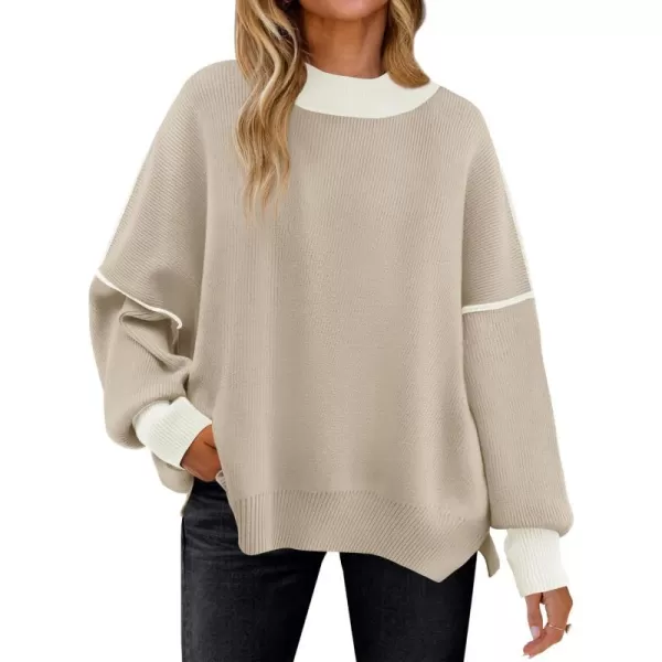 imageZESICA Womens Winter Oversized Sweaters Long Sleeve Color Block Mock Neck Side Slit Comfy Loose Knitted Pullover TopsOatmeal