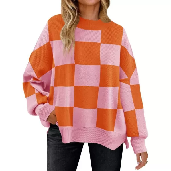 imageZESICA Womens Winter Oversized Sweaters Long Sleeve Color Block Mock Neck Side Slit Comfy Loose Knitted Pullover TopsOrange