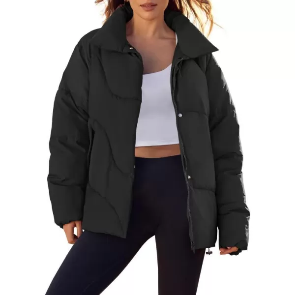 imageZESICA Womens Winter Puffer Jacket Long Sleeve Zip Up Drawstring Quilted Baggy Warm Short Down Coats with PocketsBlack