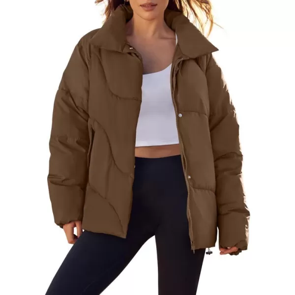imageZESICA Womens Winter Puffer Jacket Long Sleeve Zip Up Drawstring Quilted Baggy Warm Short Down Coats with PocketsBrown