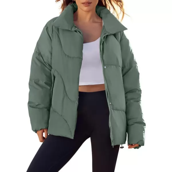 imageZESICA Womens Winter Puffer Jacket Long Sleeve Zip Up Drawstring Quilted Baggy Warm Short Down Coats with PocketsGreen