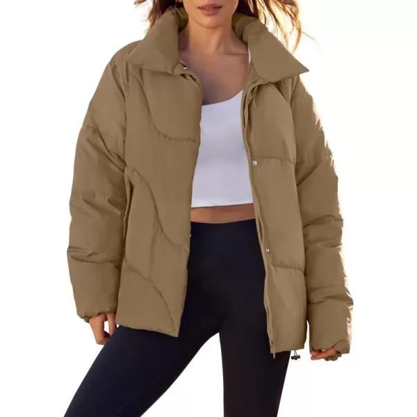 imageZESICA Womens Winter Puffer Jacket Long Sleeve Zip Up Drawstring Quilted Baggy Warm Short Down Coats with PocketsKhaki