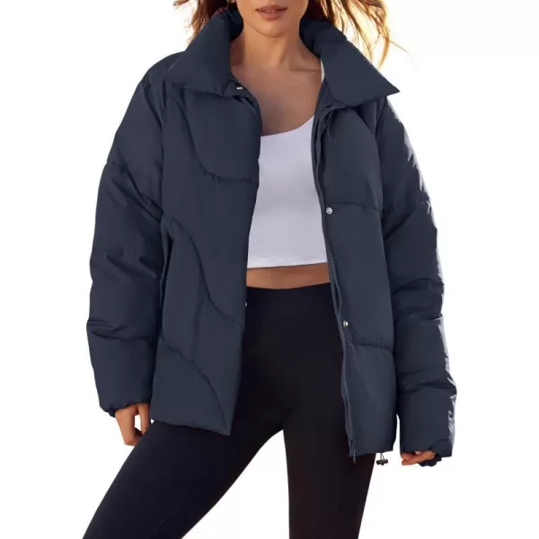 imageZESICA Womens Winter Puffer Jacket Long Sleeve Zip Up Drawstring Quilted Baggy Warm Short Down Coats with PocketsNavy