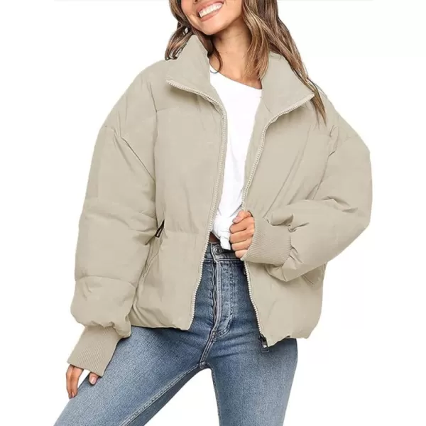 imageZESICA Womens Winter Warm Long Sleeve Zip Up Drawstring Baggy Cropped Puffer Down Jacket Coat OuterwearApricot