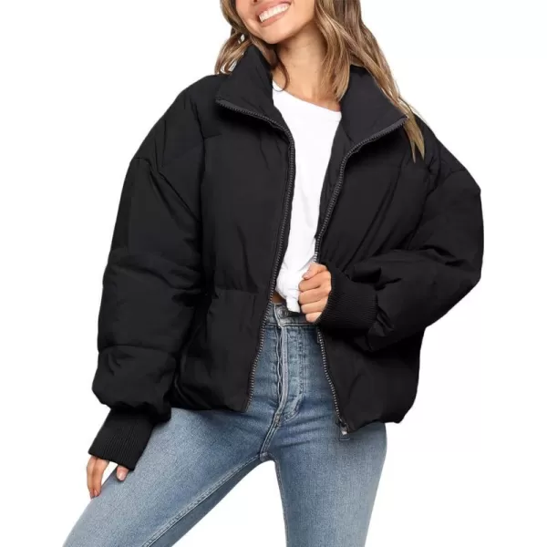 imageZESICA Womens Winter Warm Long Sleeve Zip Up Drawstring Baggy Cropped Puffer Down Jacket Coat OuterwearBlack