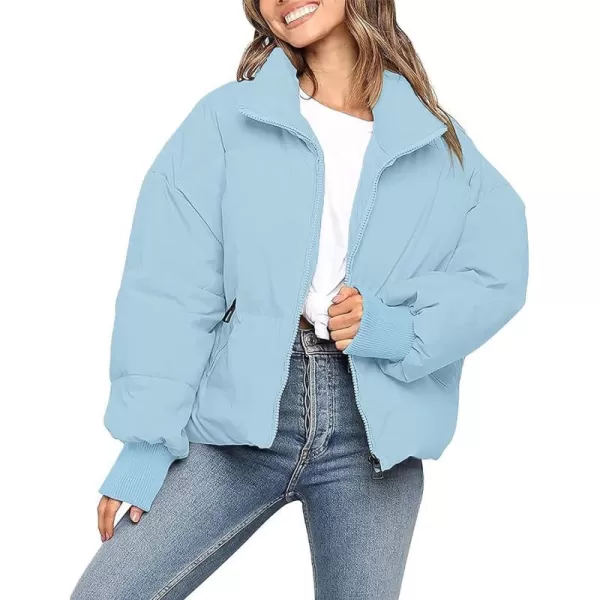 imageZESICA Womens Winter Warm Long Sleeve Zip Up Drawstring Baggy Cropped Puffer Down Jacket Coat OuterwearBlue