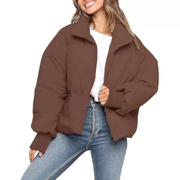 imageZESICA Womens Winter Warm Long Sleeve Zip Up Drawstring Baggy Cropped Puffer Down Jacket Coat OuterwearCoffee