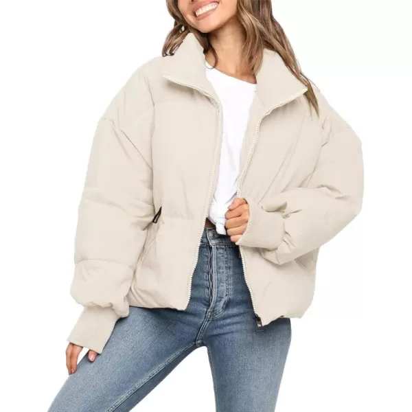 imageZESICA Womens Winter Warm Long Sleeve Zip Up Drawstring Baggy Cropped Puffer Down Jacket Coat OuterwearCream