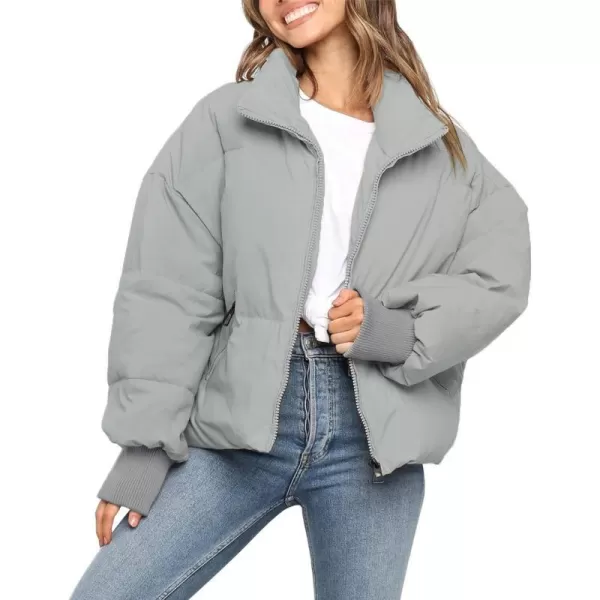 imageZESICA Womens Winter Warm Long Sleeve Zip Up Drawstring Baggy Cropped Puffer Down Jacket Coat OuterwearGrey