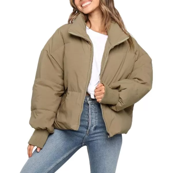 imageZESICA Womens Winter Warm Long Sleeve Zip Up Drawstring Baggy Cropped Puffer Down Jacket Coat OuterwearKhaki
