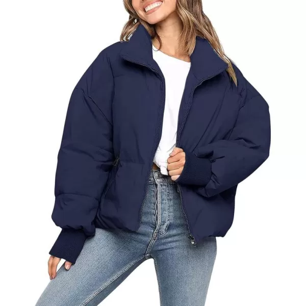 imageZESICA Womens Winter Warm Long Sleeve Zip Up Drawstring Baggy Cropped Puffer Down Jacket Coat OuterwearNavy
