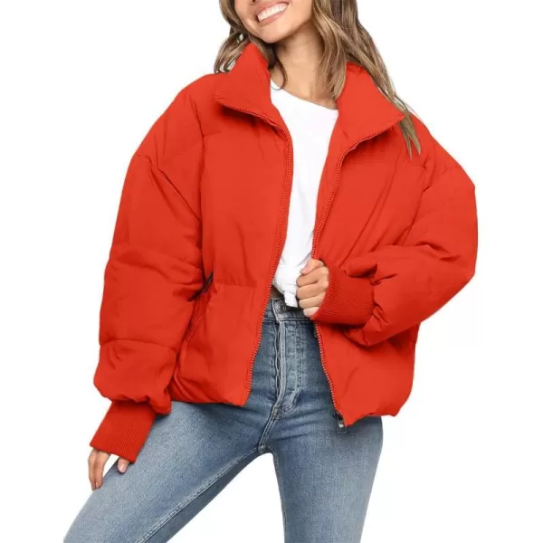 imageZESICA Womens Winter Warm Long Sleeve Zip Up Drawstring Baggy Cropped Puffer Down Jacket Coat OuterwearOrange Red