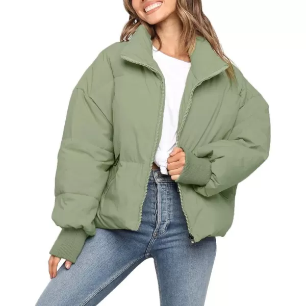 imageZESICA Womens Winter Warm Long Sleeve Zip Up Drawstring Baggy Cropped Puffer Down Jacket Coat OuterwearPea Green