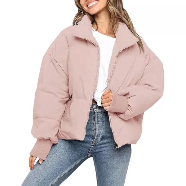 imageZESICA Womens Winter Warm Long Sleeve Zip Up Drawstring Baggy Cropped Puffer Down Jacket Coat OuterwearPink