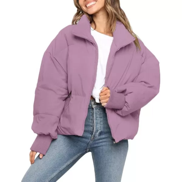 imageZESICA Womens Winter Warm Long Sleeve Zip Up Drawstring Baggy Cropped Puffer Down Jacket Coat OuterwearPurple