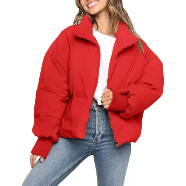 imageZESICA Womens Winter Warm Long Sleeve Zip Up Drawstring Baggy Cropped Puffer Down Jacket Coat OuterwearRed