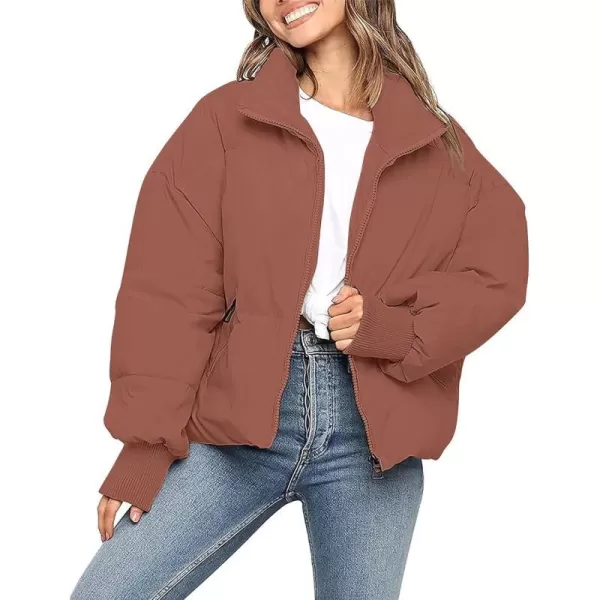 imageZESICA Womens Winter Warm Long Sleeve Zip Up Drawstring Baggy Cropped Puffer Down Jacket Coat OuterwearRed Brown