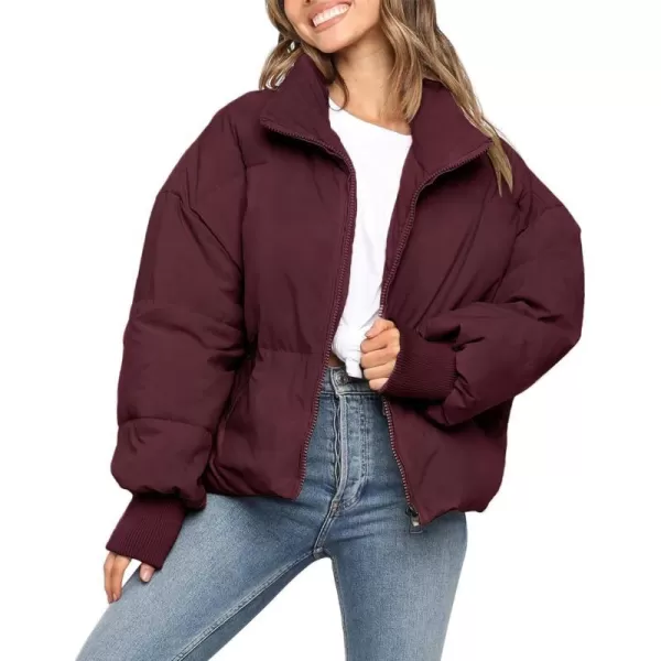 imageZESICA Womens Winter Warm Long Sleeve Zip Up Drawstring Baggy Cropped Puffer Down Jacket Coat OuterwearWine