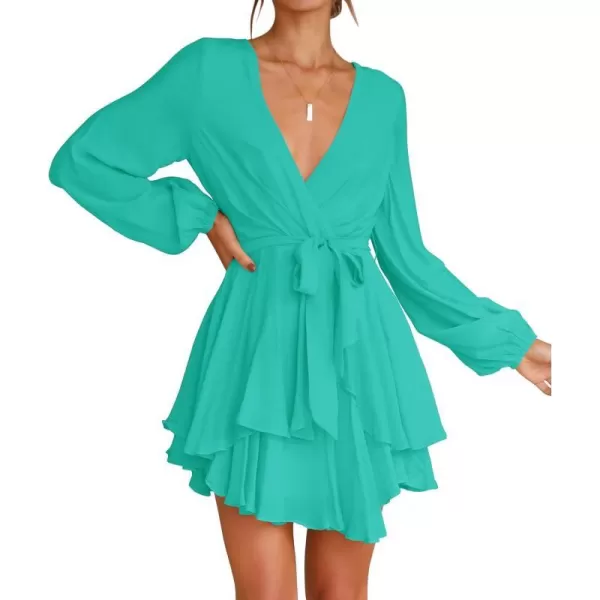 imageZESICA Womens Wrap V Neck Dress Long Sleeve 2023 Tie Waist Ruffle Hem Cocktail Wedding Party Swing Mini DressesAqua
