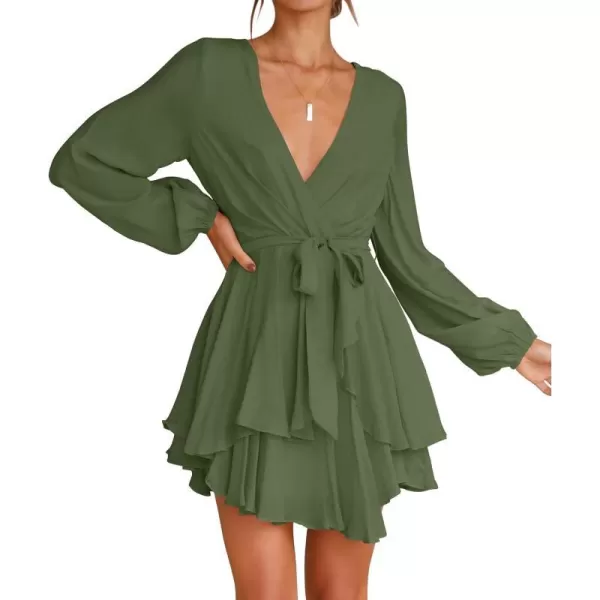 imageZESICA Womens Wrap V Neck Dress Long Sleeve 2023 Tie Waist Ruffle Hem Cocktail Wedding Party Swing Mini DressesArmygreen