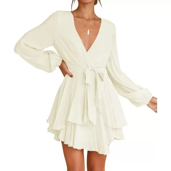 imageZESICA Womens Wrap V Neck Dress Long Sleeve 2023 Tie Waist Ruffle Hem Cocktail Wedding Party Swing Mini DressesBeige