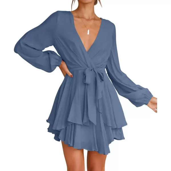 imageZESICA Womens Wrap V Neck Dress Long Sleeve 2023 Tie Waist Ruffle Hem Cocktail Wedding Party Swing Mini DressesBlue